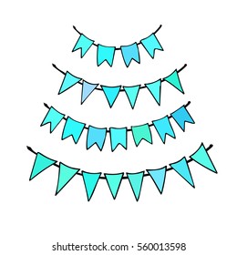 Multicolored bright buntings garlands isolated on white background; a vector illustration; in hand drawn, sketched, doodle style