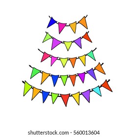 Multicolored bright buntings garlands isolated on white background; a vector illustration; in hand drawn, sketched, doodle style
