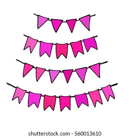 Multicolored bright buntings garlands isolated on white background; a vector illustration; in hand drawn, sketched, doodle style