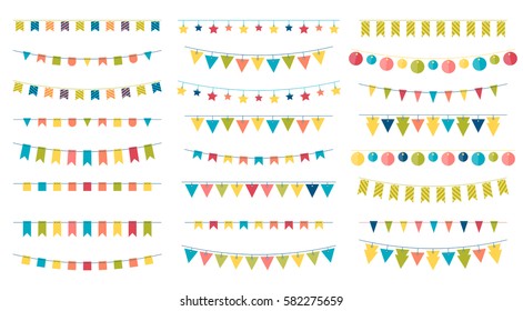 Multicolored bright buntings garlands isolated on white background. Design elements for decoration of greetings cards, invitations.