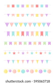 Multicolored bright buntings garlands isolated on white background. Different colorful  for decoration of invitations, greeting cards.
