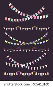 Multicolored bright buntings garlands isolated on white background. Birthday Party Elements. Design elements in a flat style for a holiday, birthday, wedding, carnival.