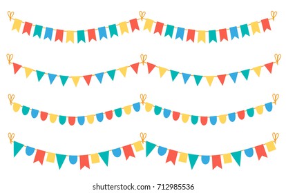 Multicolored bright buntings garlands isolated on white background. Design elements for decoration of greetings cards, invitations.