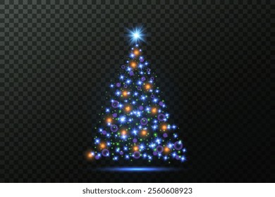 Multicolored bright Christmas tree with glowing particles.Vector.EPS 10.On a transparent background.