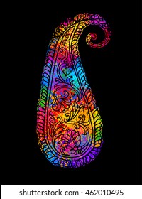 Multicolored Bright decorative element Henna Paisley Mehndi on black background. Black contour. Hand drawn vector illustration