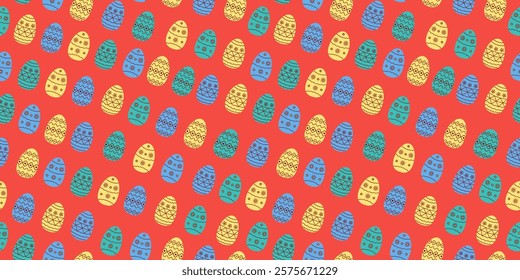 Multicolored, bright Easter painted eggs. Repeating pattern. Set. Holiday seamless background.