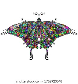 Gran mariposa multicolor brillante de gran tamaño con alas abiertas, dibujo volumétrico de un insecto enorme, patrón con partes de color