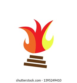 multicolored bright logo blazing fire and brown wooden logs object for design