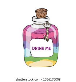 Multi-colored bright rainbow potion in a vintage glass bottle with a label and a key. Inscription drink me. Hand drawn illustration.