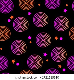 
Multi-colored bright rainbow spirals on a black background. Ornament for fabric, print, clothing, home decoration, textiles, packaging. Seamless vector illustration.
