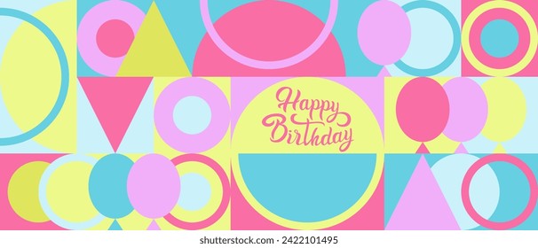 Multicolored bright seamless background with circles and arcs. Birthday - hand lettering, texture template for wallpaper and textile. Natural summer mosaic pattern of geometric shapes in trendy style.