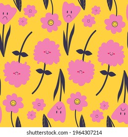 multicolored bright seamless pattern with flowers on a yellow background. vector image of flowers in cartoon style