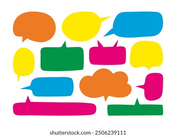Conjunto de burbujas de discurso brillante multicolor dibujado a mano. Nubes vacías simples o marcos para texto. Elementos cómicos en blanco para diálogos de discusión y pensamientos. Cajas de texto pintadas en colores infantiles.