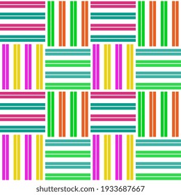 Multicolored bright striped squares in a mosaic. Vector seamless festive pattern design.
