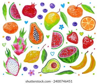 Frutas tropicales multicolores, fruta de dragón, mango, limón, aguacate, sandía, plátanos, 
papaya, bayas. Dibujo a mano con lápices de colores. Dibujos con crayón. Verano.