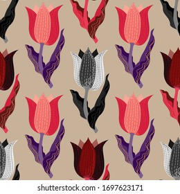 Multicolored bright tulips vector seamless pattern for decoration, wrapping, textile.