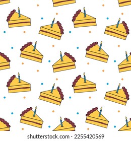 multicolored bright vector illustration. seamless pattern with triangular cake pieces. birthday cake with candle. food. dessert. sweetness. holiday. background or texture. wallpaper