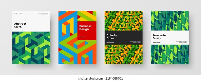 Multicolored brochure A4 vector design template set. Creative mosaic tiles journal cover layout collection.