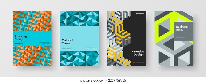 Multicolored brochure A4 vector design layout collection. Modern geometric tiles corporate cover concept set.