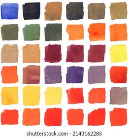 Multicolored brush strokes with watercolor texture. Gradients with overlay. Paper texture. White background.