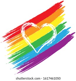 Multicolored brushstrokes in LGBT colors with a white heart in the middle. Stock illustration isolated on white background