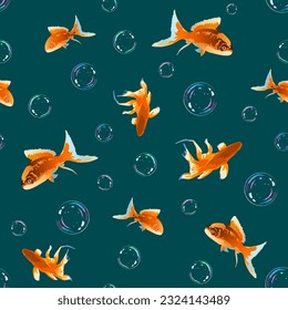 Multicolored bubbles and goldfish.Vector pattern with goldfish and colorful bubbles on a colored background.