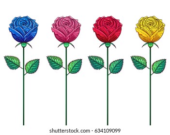 Multicolored buds of roses on long stems. Graphic technique is engraving