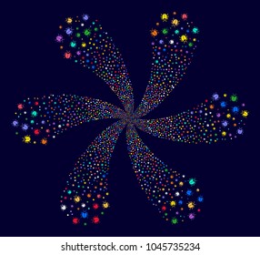 Multicolored Bug rotation flower with 6 petals on a dark background. Impressive twirl composed from random bug symbols.