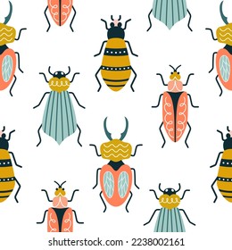 Multicolored bugs on a white background in art deco style. Seamless vector pattern with ants