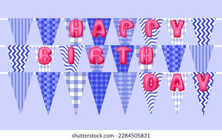 Multicolored bunting flags and 3D text Happy Birthday. Festive background