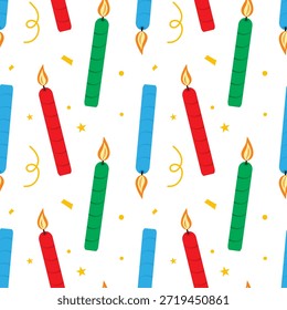 Multicolored Burning Candles and Holidays decor Seamless Pattern Birthday or Christmas Backdrop idea. Isolated Vector illustration Holidays Greeting Themed Card Background Party invite Banner, leaflet