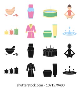 Multicolored burning candles, a pink robe with a yellow belt and a collar, a tube with cream and a jar with an ointment, a drop of water.Spa set collection icons in black,cartoon style vector symbol