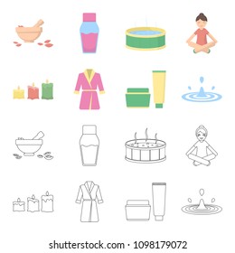 Multicolored burning candles, a pink robe with a yellow belt and a collar, a tube with cream and a jar with an ointment, a drop of water.Spa set collection icons in cartoon,outline style vector symbol