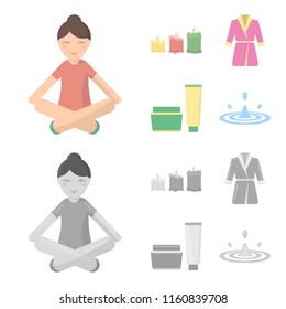 Multicolored burning candles, a pink robe with a yellow belt and a collar, a tube with cream and a jar with an ointment, a drop of water.Spa set collection icons in cartoon,monochrome style vector