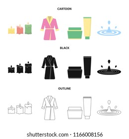 Multicolored burning candles, a pink robe with a yellow belt and a collar, a tube with cream and a jar with an ointment, a drop of water.Spa set collection icons in cartoon,black,outline style vector