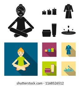 Multicolored burning candles, a pink robe with a yellow belt and a collar, a tube with cream and a jar with an ointment, a drop of water.Spa set collection icons in black,flat style vector symbol