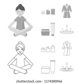 Multicolored burning candles, a pink robe with a yellow belt and a collar, a tube with cream and a jar with an ointment, a drop of water.Spa set collection icons in outline,monochrome style vector