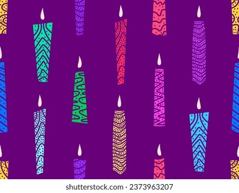 Multi-colored burning candles seamless pattern. Hanukkah candles are a symbol of the Jewish holiday. Design for wallpapers, greeting cards and banners. Vector illustration