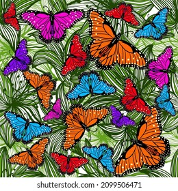 Multicolored butterflies with graphic flowers. Seamless vector background