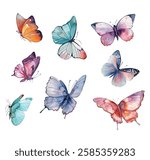 Multicolored butterflies illustration vector set. Flying butterflies isolated on white. Summer insects.