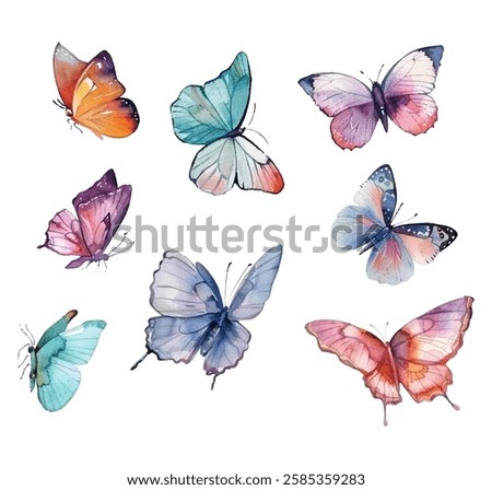 Multicolored butterflies illustration vector set. Flying butterflies isolated on white. Summer insects.