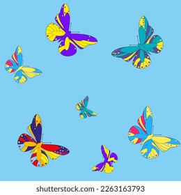 Multicolored butterflies on the background of the blue sky. Seamless vector pattern for textiles.
