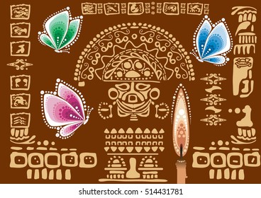 Multicolored butterflies on the background of the old characters. Aztec  ornamental tribal elements and symbols. 
Ancient drawings of terrestrial and extraterrestrial characters.