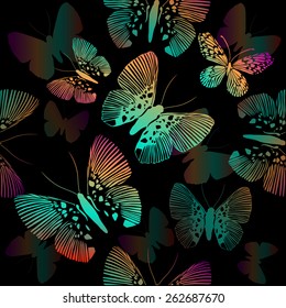 Multicolored butterflies on a black background. Vector