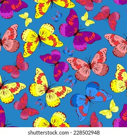 Multicolored butterflies on a blue background. Vector illustration. 