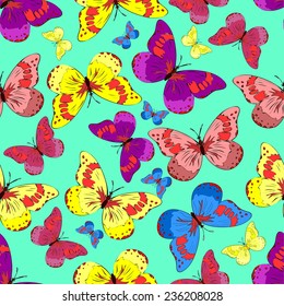 Multicolored butterflies on a blue background. Vector illustration. 