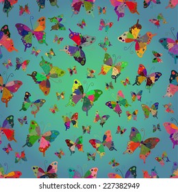 Multicolored butterflies on a blue and yellow gradient background. Vector illustration. 