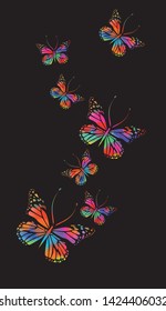 Multicolored butterflies on a dark background. Vector illustration