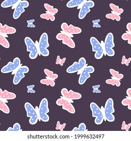 Multicolored butterflies on a dark background. Seamless pattern for the nursery. Vector endless texture