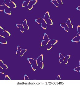 
Multicolored butterflies on a purple background. Summer print. Vector geometric seamless pattern  